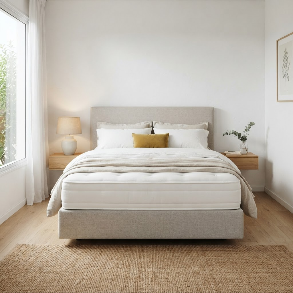 Dormitorio equipado con sommier, colchón, respaldo y blanquería